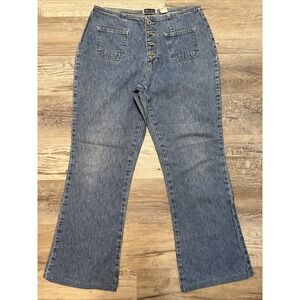Vtg Button fly Women Wide Leg‎ Bareback Medium Wash Retro Y2K 90s Rave Jeans 11